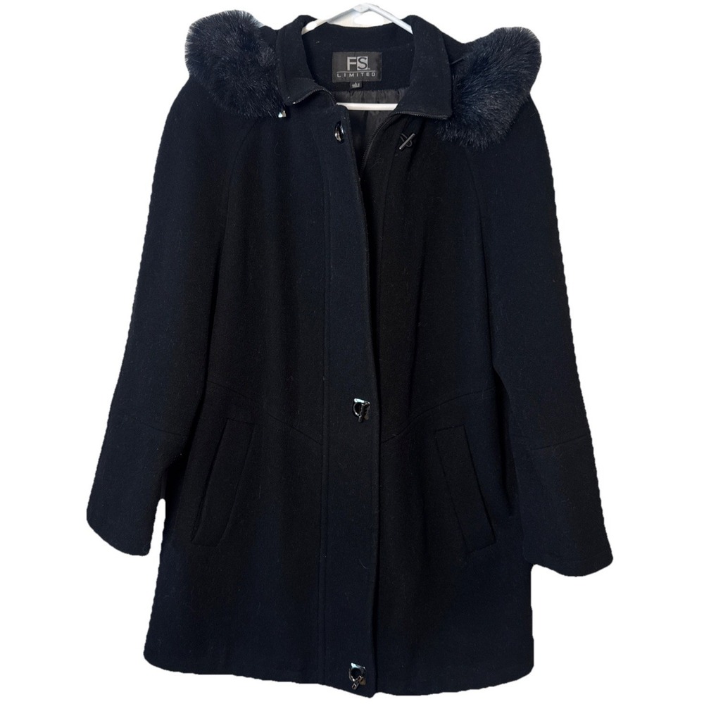 FS Limited Wool Coat Womens Large Black Hooded Faux Fur Toggle Winter Jacket